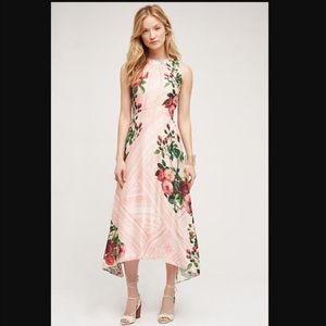 Anthropologie Pink Floral Midi Dress